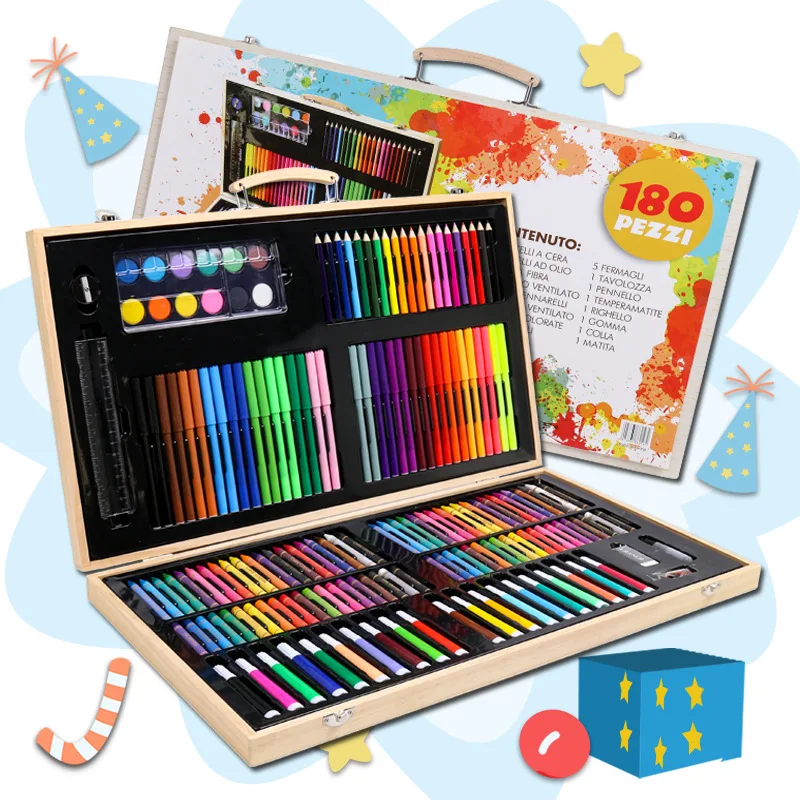 

180pcs Artist Kit Painting Watercolor Pen Set with Wood Storage Box , Crayon Kit Kindergarten Drawing for Kids