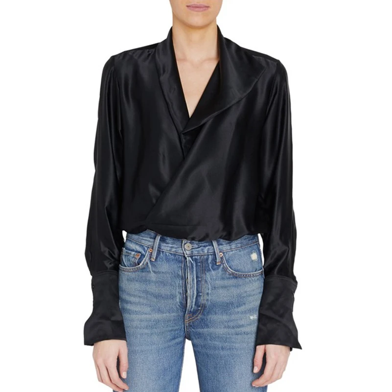AEL глубокий v-образный вырез длинный рукав блузка свободные повседневные топы офисные женские Атласные Рубашки вечерние женские осенние Мода - Цвет: Черный