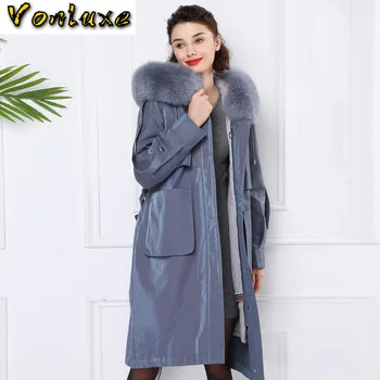 Preise Big Natural Fox Collar Hooded Long Parka Jacket Women Real Rabbit Fur Inside Coat Elegant Lady Winter Warm Outwear Plus Size