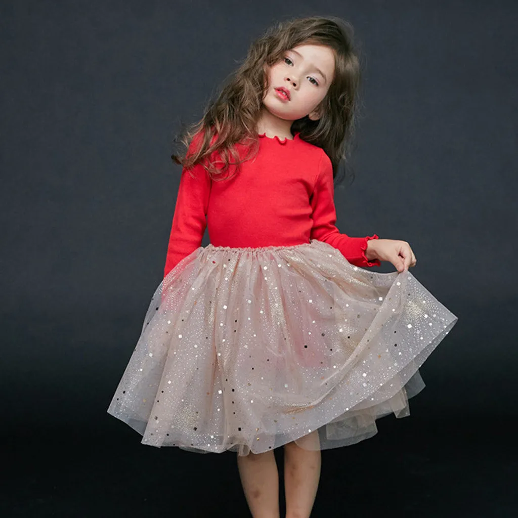 Winter Kids Dresses Long Sleeve Sequins Stars Tutu Girls Dress For Children Casual School Princess Party Dress Elbise#LR2