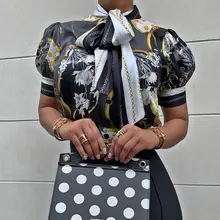 Черная Цветочная блузка с коротким рукавом размера плюс для женщин 4XL винтажная Офисная Женская водолазка с бантом на шнуровке летние топы