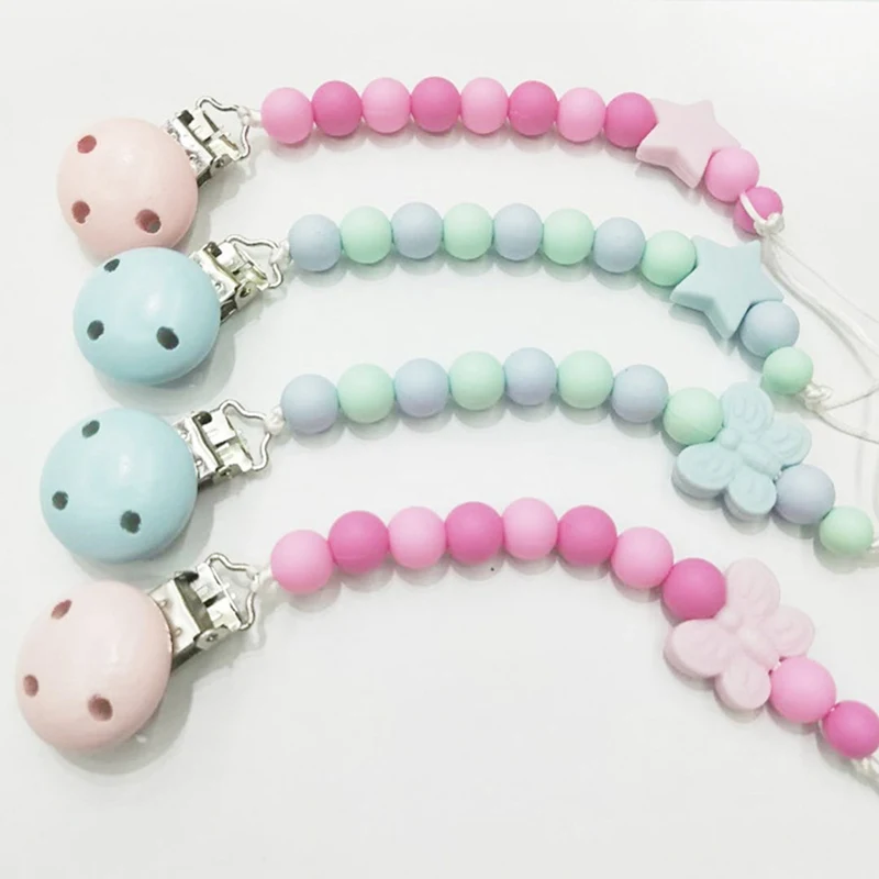 

1Pc Newborn Baby Pacifier Clip Beads and Butterfly Star Decortaion Soother Chain BPA Free Silicone Feeding Pacifier Accessories