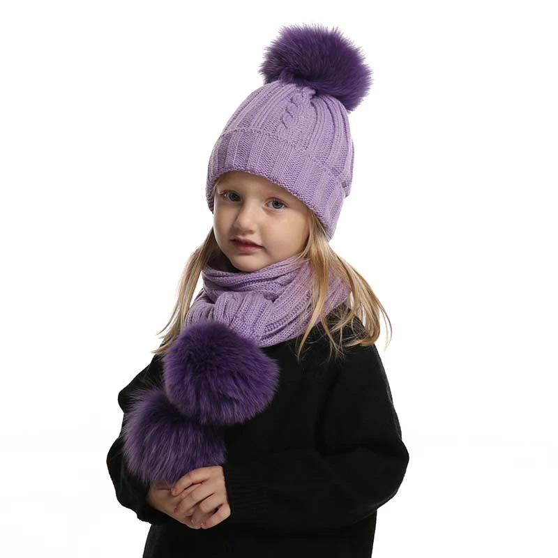 Conjunto de gorro y bufanda con pompón de piel de zorro para niño niña, gorro de invierno de lana en interior, 3 piezas|Sets de sombreros, bufandas y guantes de niña| -