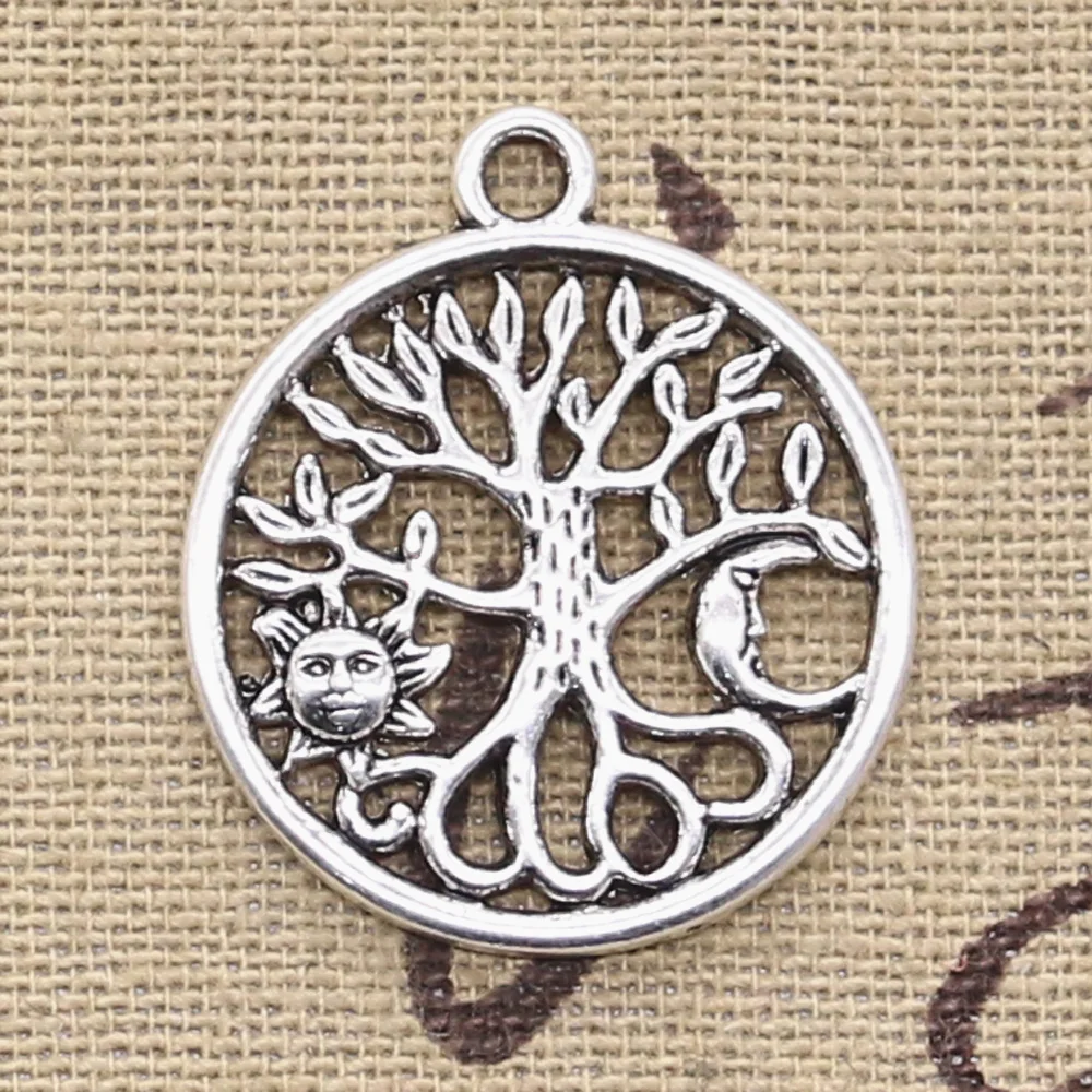 Abalorios de árbol de la vida nórdico vikingo Sun Moon, 10 Uds., 29x25mm, colgantes de Color plata antigua, joyería tibetana