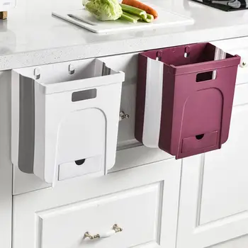 

8L Wall Mounted Folding Waste Bin Kitchen Cabinet Door Hanging Trash Bin Garbage Can Wall Mounted Foldable With Small Drawer