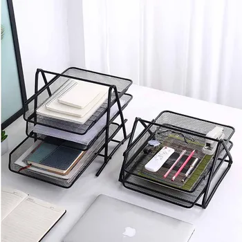 

Three-tier Wrought Iron Desktop Storage Rack Office Documents A4 Paper Storage Baskets Detachable Sundries Storage Organizer