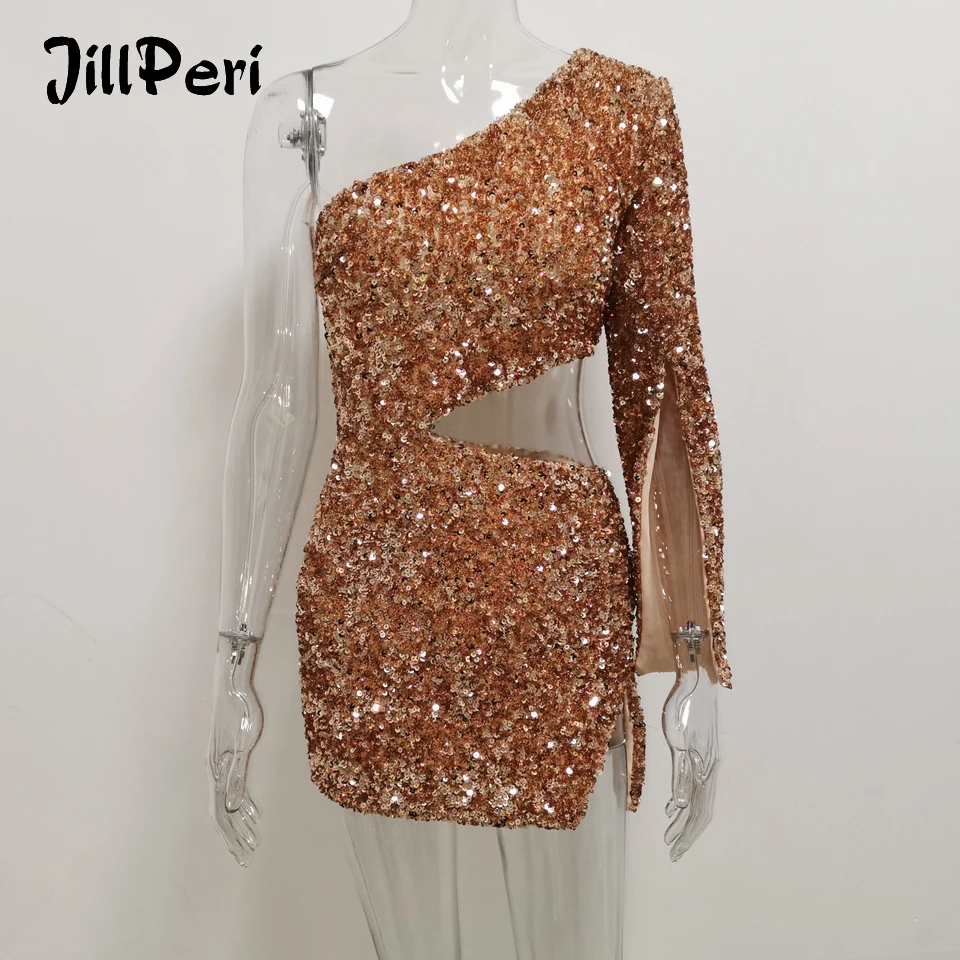 

JillPeri Women Sexy One Shoulder Sequin Dress Luxury Sparkle Gold Rose Waist Hollow Out Ultra Short Outfit Club Wear Party Dress