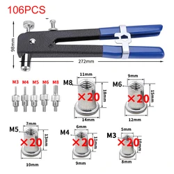 Kit d'écrous à rivets M3/M4/M5/M6/M8, ou 1 pistolet à écrous + 5 outils de réparation de mandrins de Rivet, pistolet à rivets, vis à tête plate, 106 pièces 