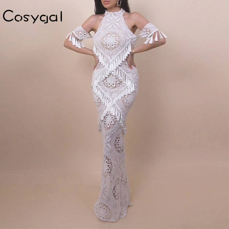 

COSYGAL 2019 Autumn Winter Tassel Sexy Dress Women Back Split Bodycon Party Dresses Long Lacework White Dresses Vestidos