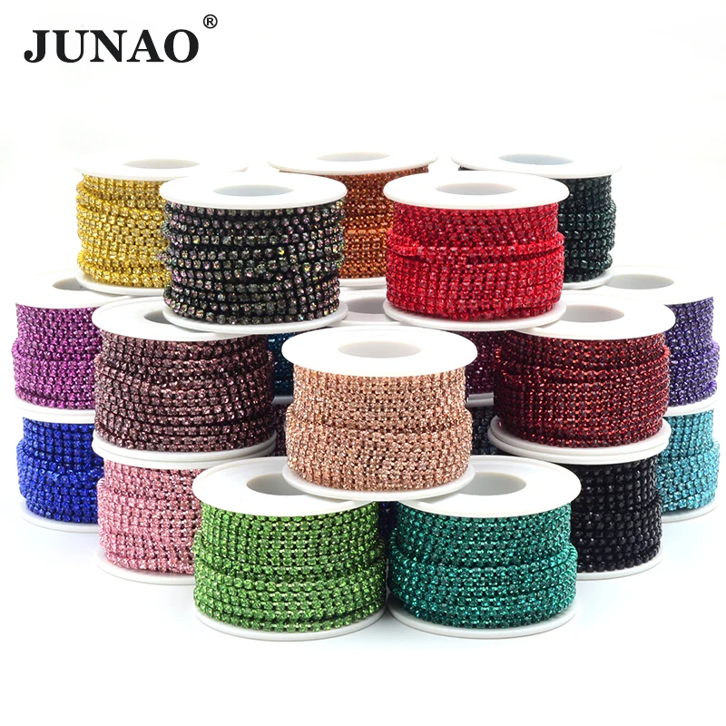 

JUNAO SS6 SS8 SS12 SS16 Sew On Glass Rhinestone Cup Chain Strass Stone Trimming Crystals Ribbon Banding DIY Crafts Jewelry
