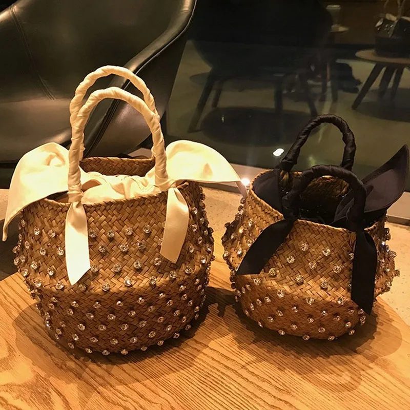 Handmade Embellished Straw Beach Bag Summer Holiday Woven