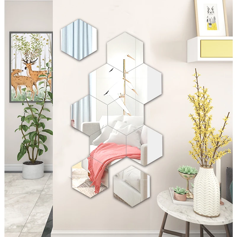 Miroir décoratif auto-adhésif mural, 14 pièces/lot, autocollant Hexagonal  pour miroir de Dressing, arrière-plan