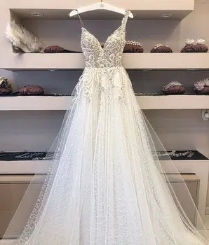 

Custom Made V Neck Heavy Beaded A Line Tulle Skirt Long Bridal Dress فستان الزفاف 2020 New Design Wedding Dress