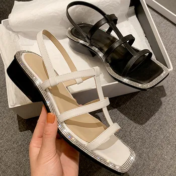 

Fashion crystal Sandals Womens Genuine Leather Chunky low Heel Gladiator Rome slip-on Sandals Shoes Woman