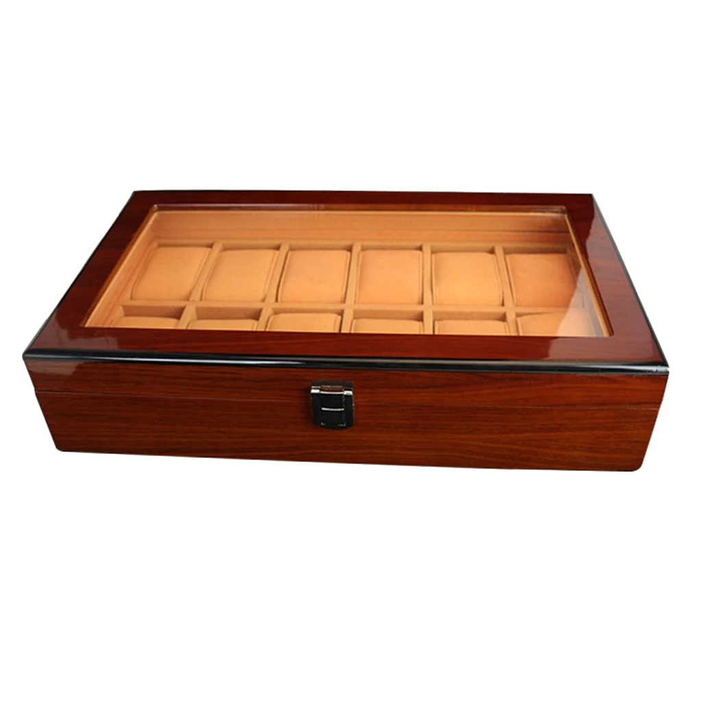 

12 Grids Solid Wood Watch Box Organizer w/ Glass Display Top for Both Women Men