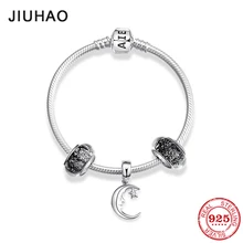 Новые браслеты из серебра 925 пробы круглой формы с кулонами в виде Луны, стеклянные бусины, цепочка в виде змеи для женщин, аксессуары, модные ювелирные изделия