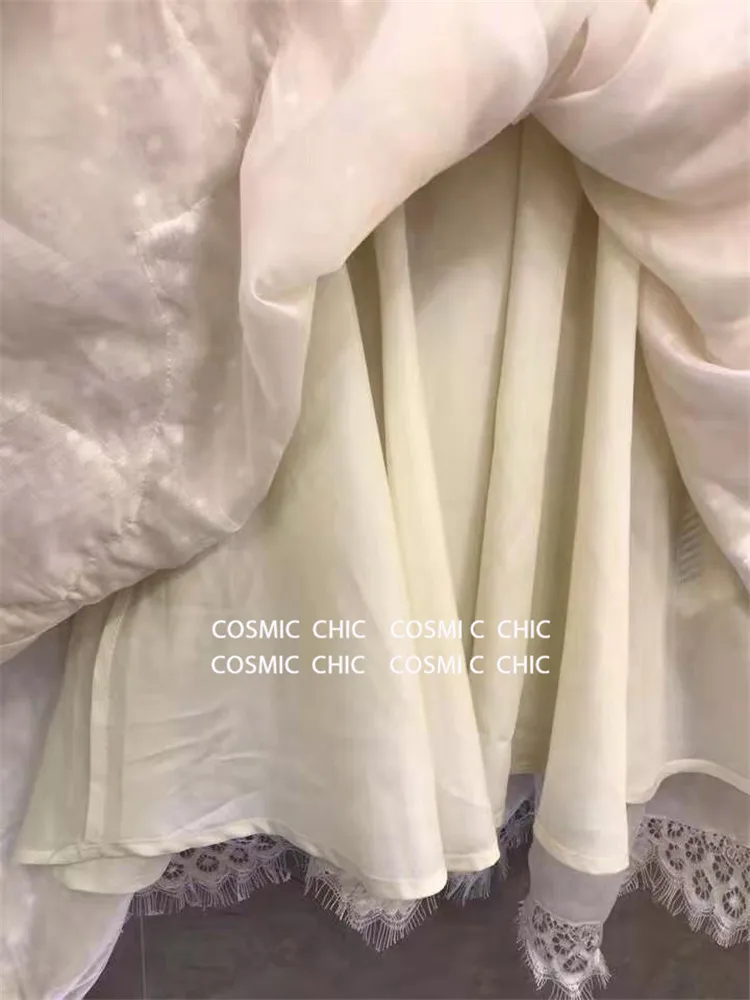 Cosmicchic рюшами кружевное платье с вышивкой Элегантные Для женщин Сетчатое платье с бантом в стиле пэчворк Vestidos с длинными Фонари рукав Винтаж в богемном стиле Вечерние платья