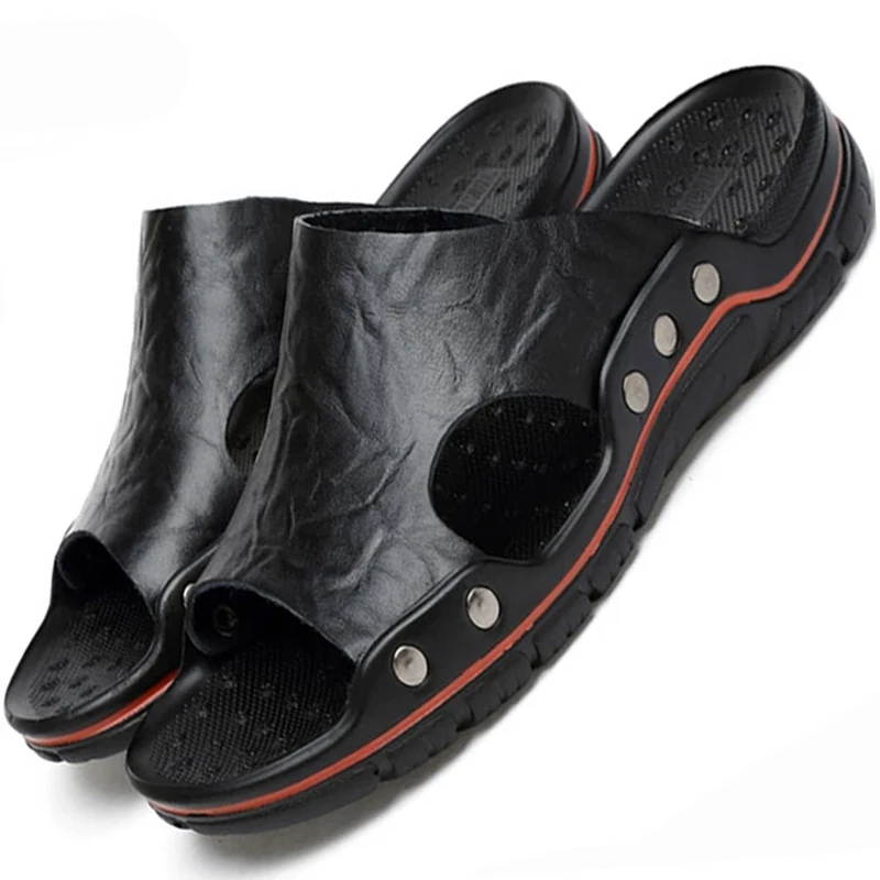 New Summer Men's Sandals Leather Slides Slippers Sandals Luxury Classic Leather Original Men's Flip Flops Outdoor Men's Slippers