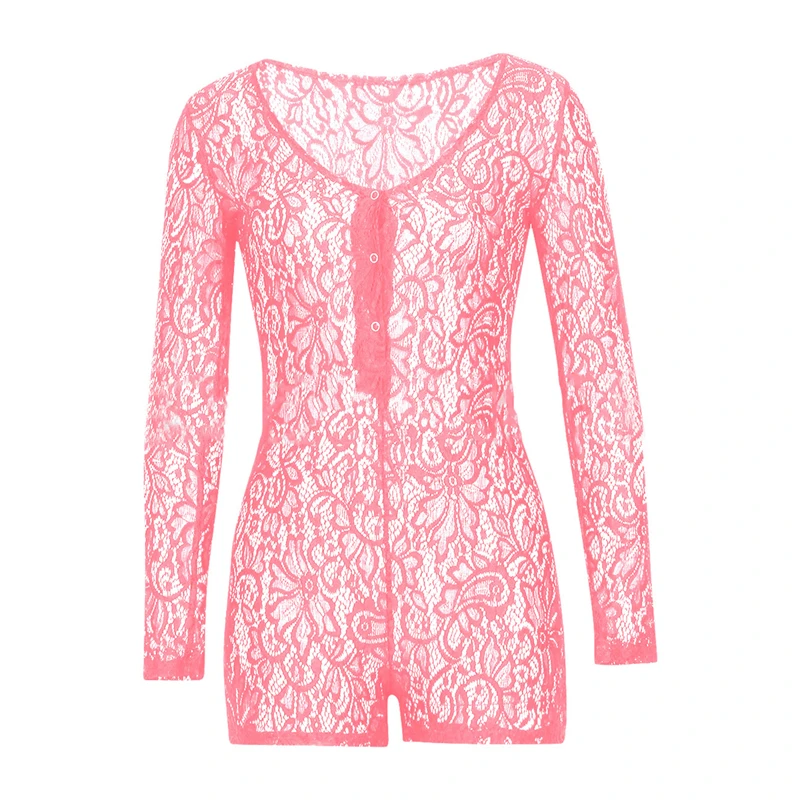 2021 Sexy Women Lace Romper Ladies Bodycon Jumpsuit V-neck Boduycon Button Long Sleeve Leotard Playsuit Bodysuit Homewear |