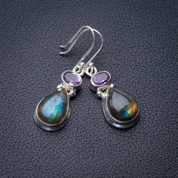 

StarGems Natural Blue Fire Labradorite And Amethyst Handmade 925 Sterling Silver Earrings 1.5" E0780
