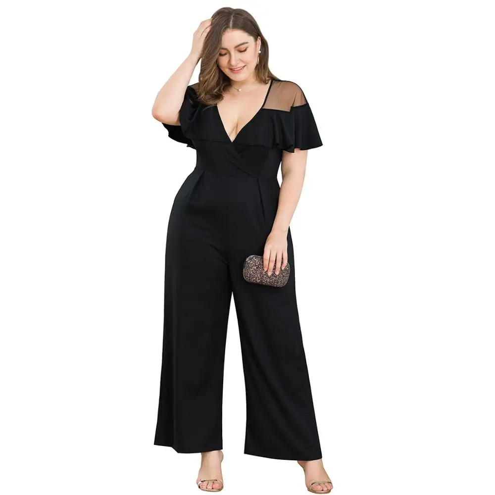 

Mesh Patchwork Sexy Black Jumpsuits Women Summer Ruffles Deep V-Neck Loose Wide Leg Pants High Waist Plus Size 3XL 4XL Jumpsuits