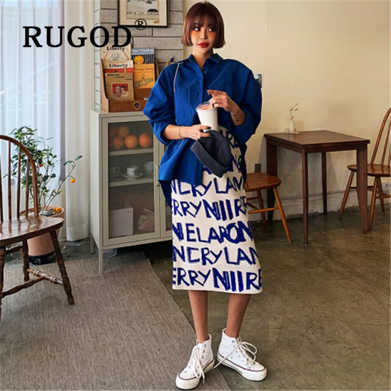 RUGOD, корейский стиль, юбка s, женская, высокая талия, с буквенным принтом, трапециевидная, юбки,, вязаные юбки, Повседневный, для девушек, теплый свитер, юбка