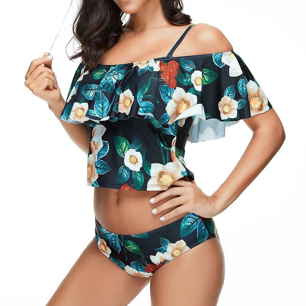 Ruffle Swimwear Women Printed Floral Swimsuit Two Piece Large Size Bathing Suit Sports Mayo Female Beach 4XL