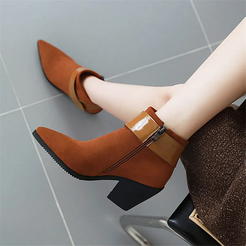 Ankle Boots for Women Autumn Winter Western Cowboy Slip on Wedge High Heel Brown Black Suede Shoes Botas 32-43 | Обувь
