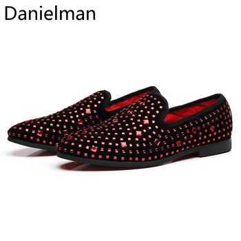 

Danielman Mens Loafers Red Spikes Luxury Shoes Metal Sequins Crystal High Quality Casual Men Shoes Party Wedding Driving Shoes