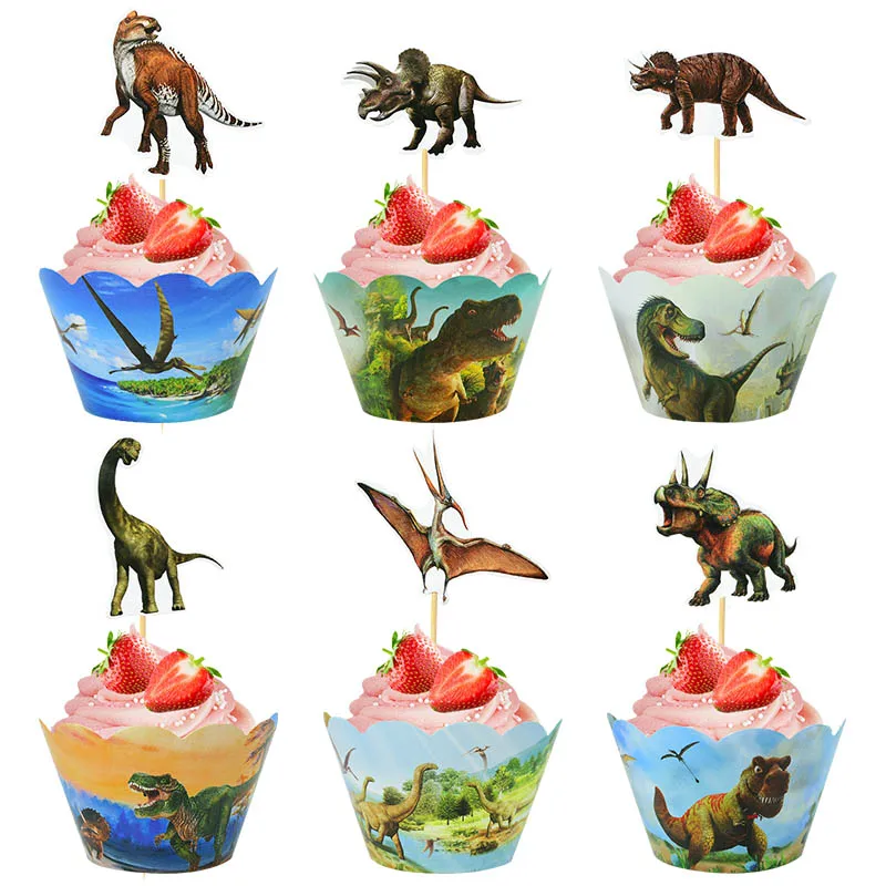 24pcs Dinosaur Birthday Cupcake Wrappers Dino Roar Jungle Safari Cake Topper Cake Cup For Baby Shower Kids Jurassic Party Decor