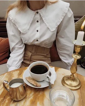 

2020 Spring Large Lapel Retro Palace Style Baby Collar Shirt Ruffle Edge White Women's Shirt Long Sleeve Female