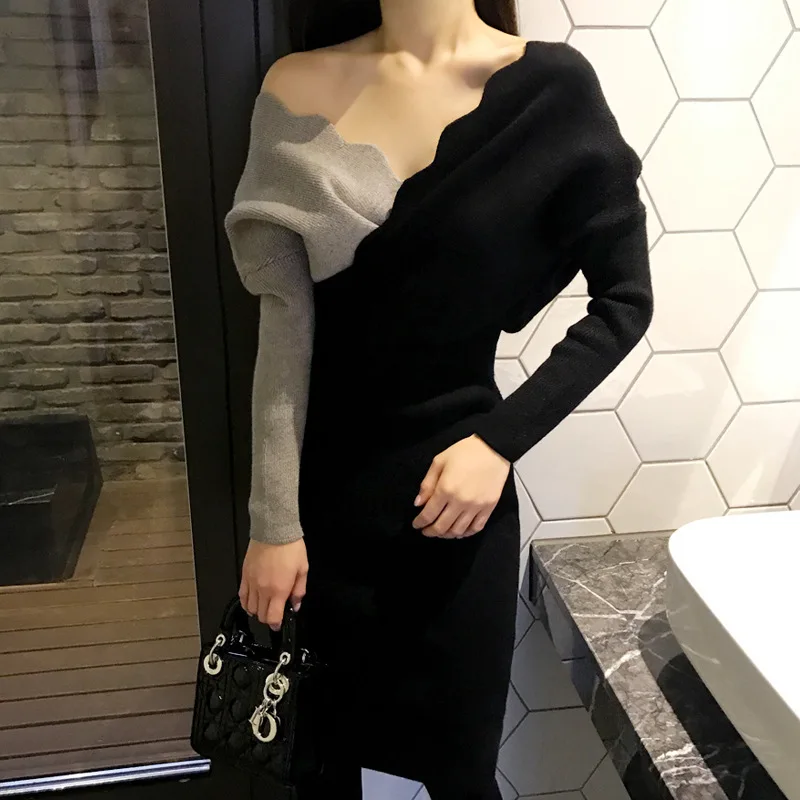 

2019 Autumn And Winter South Korea Dongdaemun New Style Knitted Mixed Colors Dress Slim Fit V-neck Base Sweater Dress Women