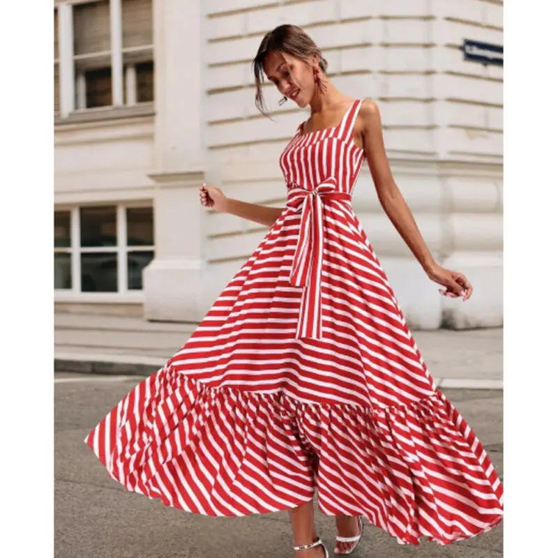 

Summer Women Boho Long Maxi Dress Lady Evening Party High Waist Beach Striped Dress Sundress