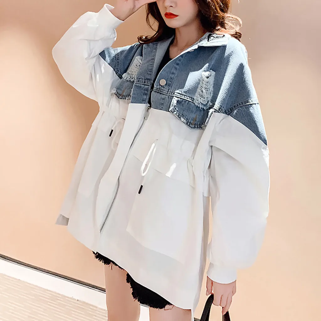 

Winter Women Patchwork Turn-down Collar Jean Jacket Loose Casual Fashionable Female Jacket Coats Female Outwear Denim Feminine
