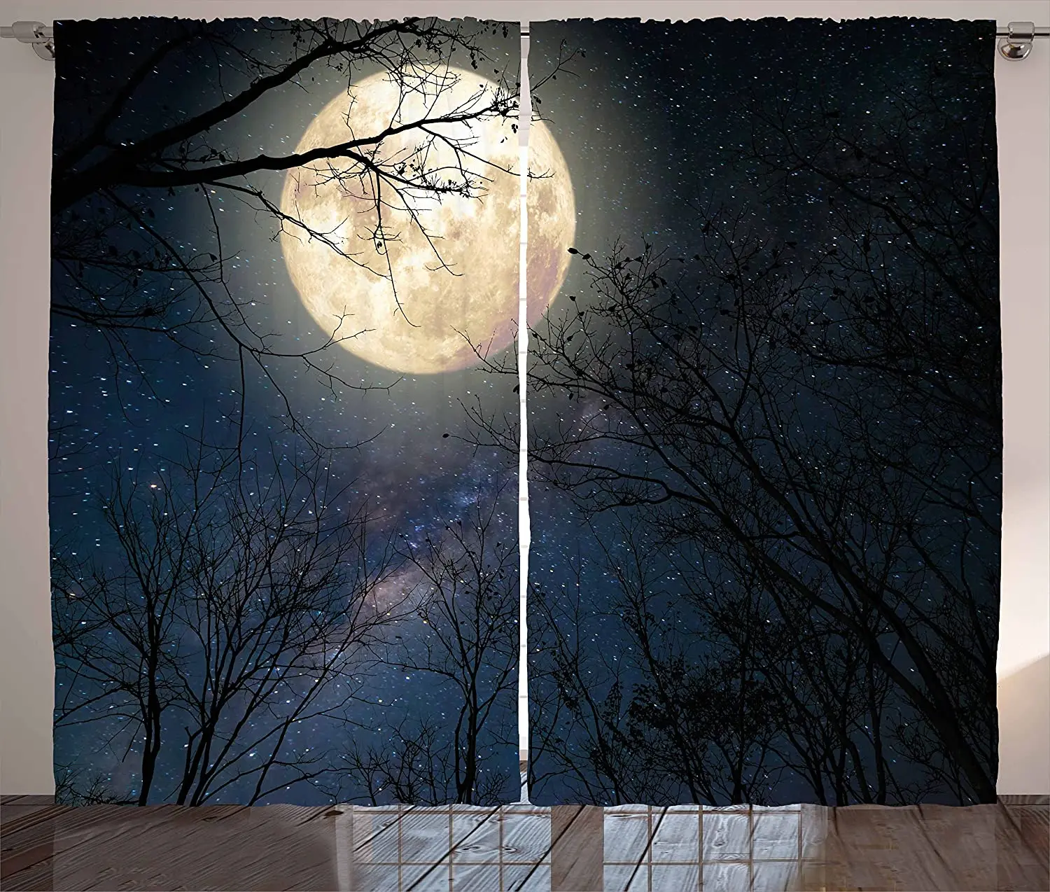 Tende Del Cielo Notturno Cielo Notturno Via Lattea Stelle Twilight Moon Scenario Con Rami Soggiorno Camera Da Letto Finestra Tende Blu Scuro