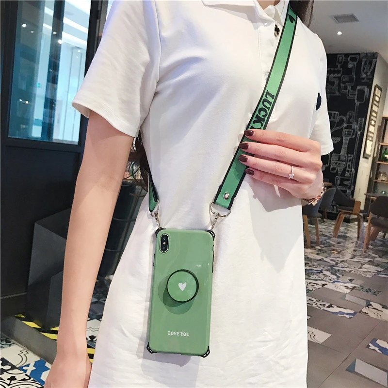cute wallet card holder Heart-shaped bracket lanyard silicone phone case for iphone X XR XS MAX 6S 7 8 plus