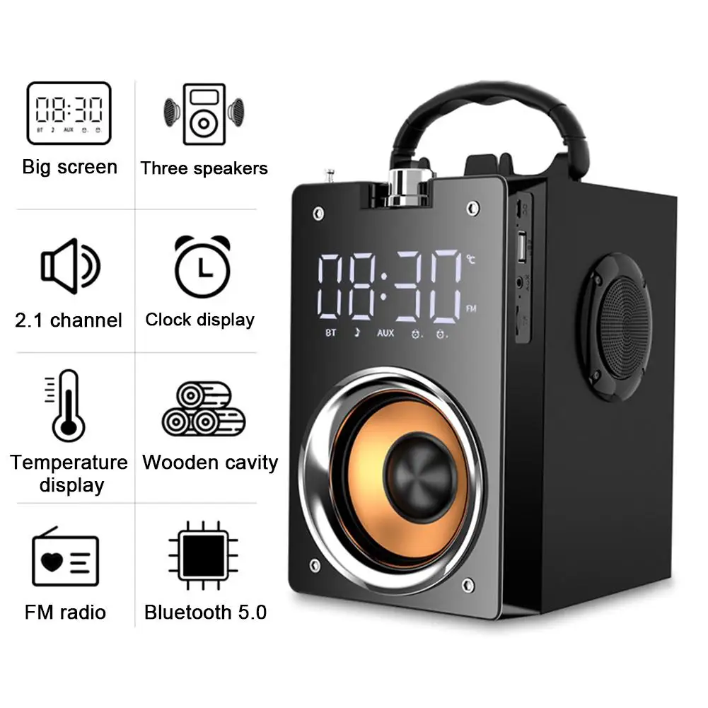 

3600mAh 5.0 Wireless Bluetooth Speaker Outdoor LED Display 3D Surround Stereo Subwoofer TF FM AUX Card Player Radio Alarm Clock