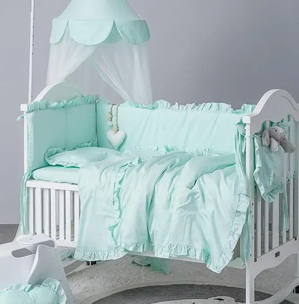 7 шт. набор постельных принадлежностей для малышей Розовый протектор для Новорожденных Моющаяся кроватка бампер для младенцев кружева пододеяльник детская кроватка наволочка для девочек - Цвет: green