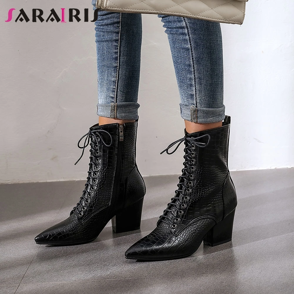 

SARAIRIS Large Size 34-43 New Fashion Pointed Toe Ladies High Heels Cross Tied Shoes Woman Casual Party Ol Ankle Boots Women