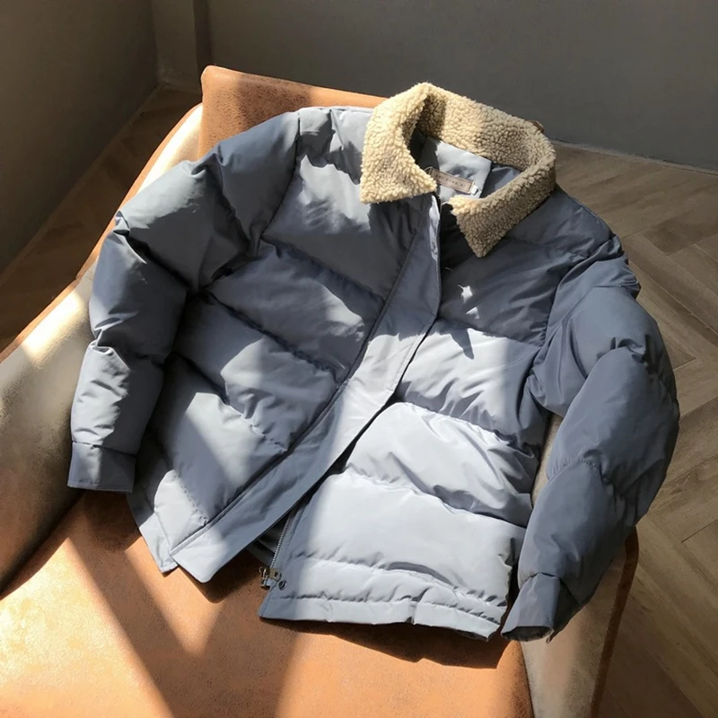 Tangada Women Solid Oversize Parkas Thick Feather turn down collar Zipper Pockets Female Warm Winter Coat ATC08 - Цвет: Синий