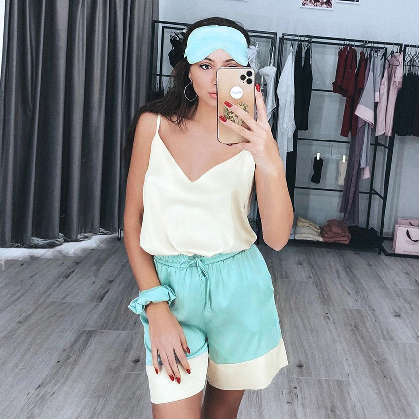 HiLoc Сращивание сексуальный пижамный комплект свободная v-образным вырезом