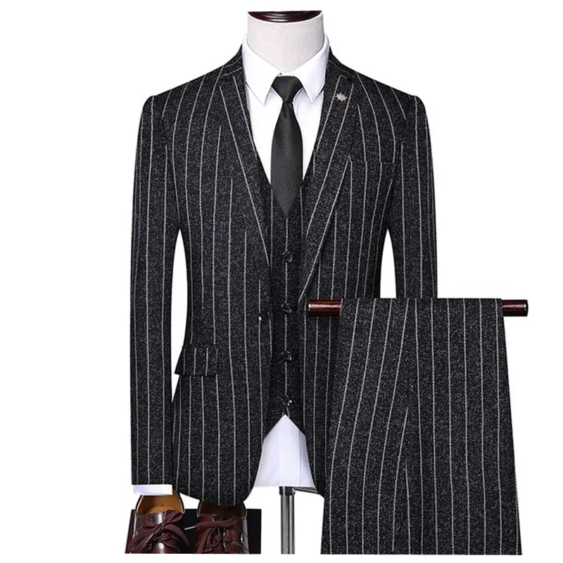 Мужские облегающие свадебные костюмы в полоску смокинги для шафера деловая