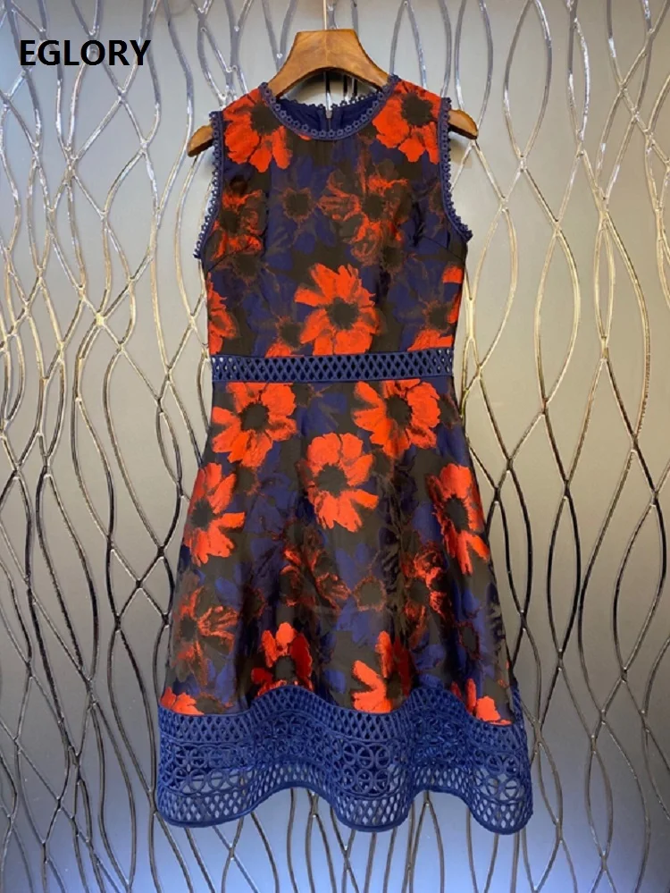 

Latest Designer Dress 2021 Spring Summer Fashion Women O-Neck Runway Print Hollow Out Embroidery Sleeveless Casual Club Dress