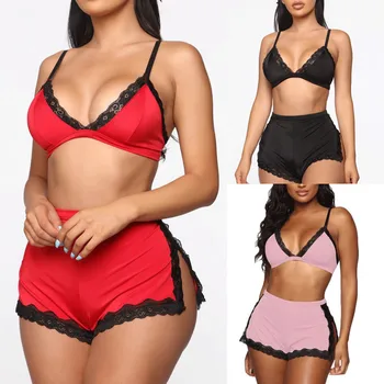 

2pcs Women Pajamas Set Bra Crop Tops High Waist Split Shorts Set Sexy Lace Sleepwear Babydoll Lingerie Nightdress S-XL