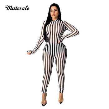 

Mutevole Women Sexy See Through Stripe Jumpsuit Clubwear Fashion Long Sleeve Mesh Jumpsuit Bodycon Zipper One Piece Jumpsuit