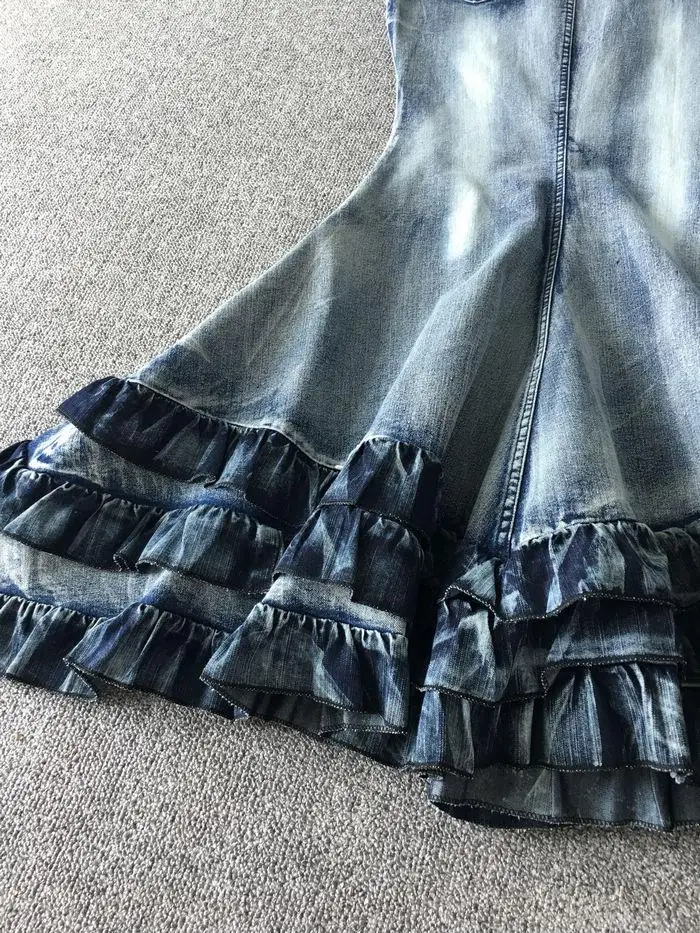 European fashion women sexy high quality denim jeans bodycon tie dyeing gradient color layered ruffles mermaid maxi long skirt