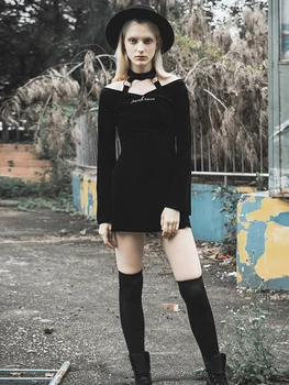 

Punkrave Punk Dark Wind Sexy Black Long-sleeved Hanging Neck Velvet Dress Spring and Autumn Short Skirt Elegant Temperament
