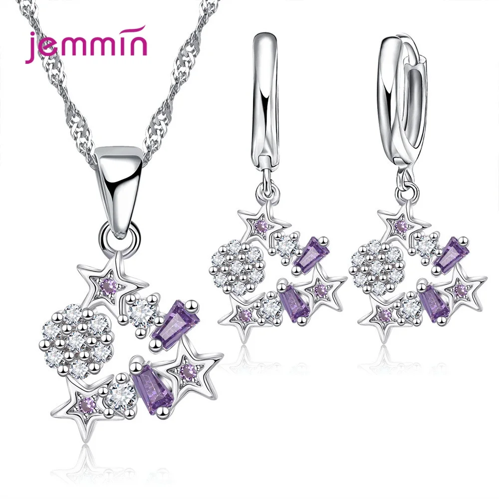 Vrouwen Mode Zirkoon 925 Zilveren Kettingen Oorbellen Crystal Star Hanger Sieraden Sets Voor Bruids Bruiloft Verloving Cadeau