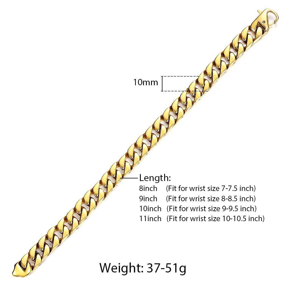 Мужской браслет 316L из нержавеющей стали 10 мм, браслет с кубинской цепочкой для мужских серебряных золотых украшений 8-11 дюймов, LHBM123 - Окраска металла: gold HB510