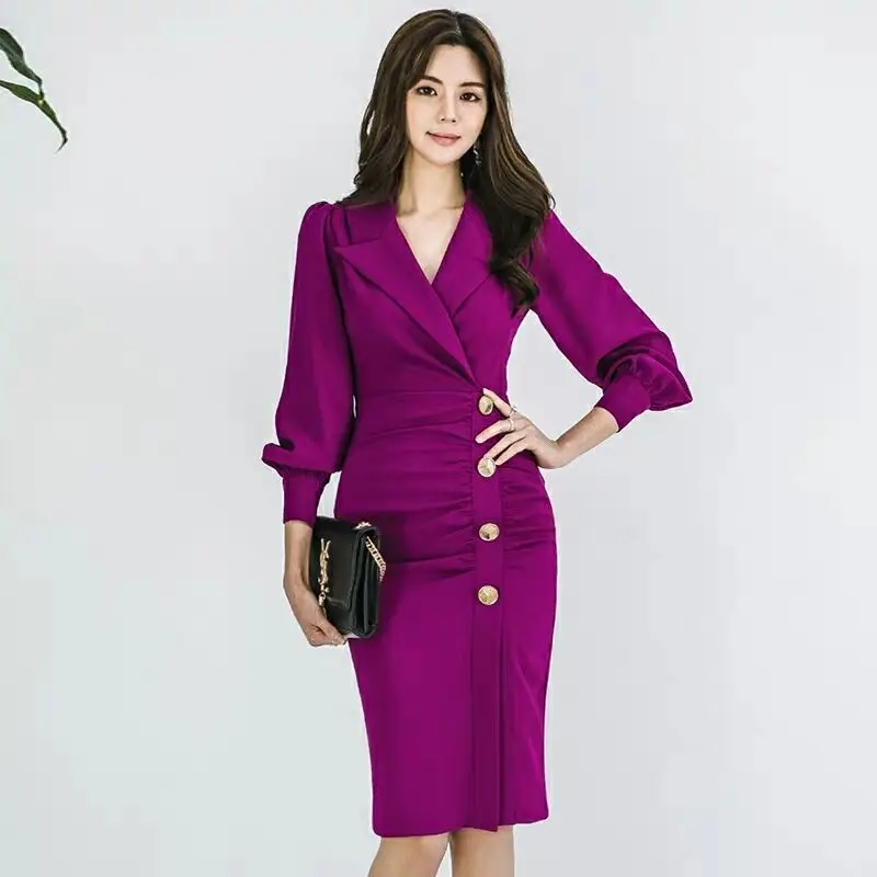 

JSXDHK 2019 Fashion Office Ladies Sheath Women Dress Autumn Notched Color Long Sleeve Bodycon Female Split Pencil OL Knee Dress